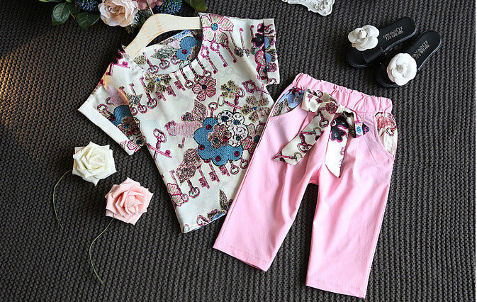 Girls' Printed Short-Sleeved Blouse, Cropped Trousers, Casual Fashion Two-Piece Suit