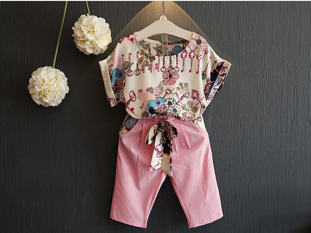 Girls' Printed Short-Sleeved Blouse, Cropped Trousers, Casual Fashion Two-Piece Suit