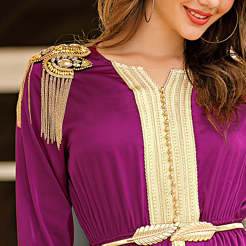 Middle East Woven Satin Dress With Beads And Tassels Epaulettes