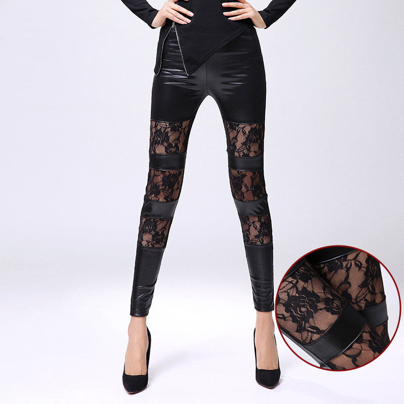 New Style Rose Lace Stitching PU Faux Leather Nine-Point Leggings
