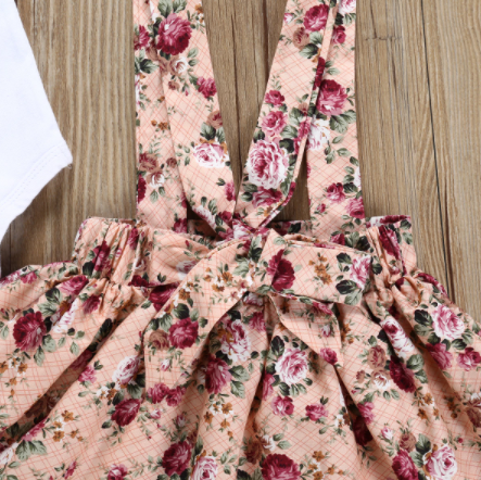 Girls' Cotton White Flying Sleeve Short-sleeved Romper Flower Suspenders Skirt Head Knot
