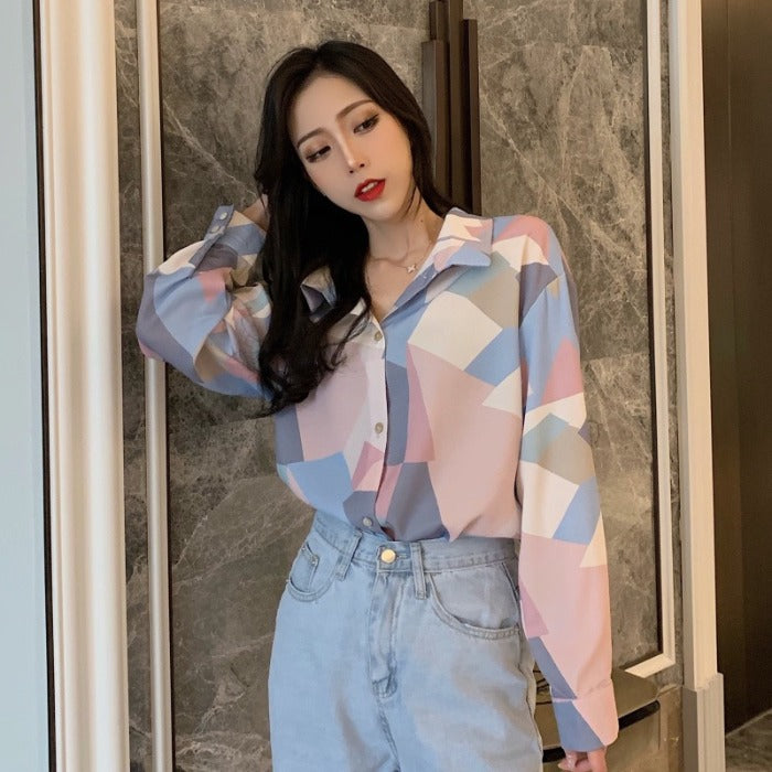 Spring New Temperament Fashion Lapel Long-Sleeved Single-Breasted Shirt Blouse Women