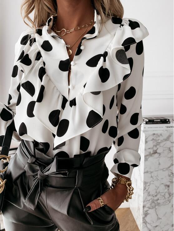 Long-sleeved ruffled temperament printed blouse