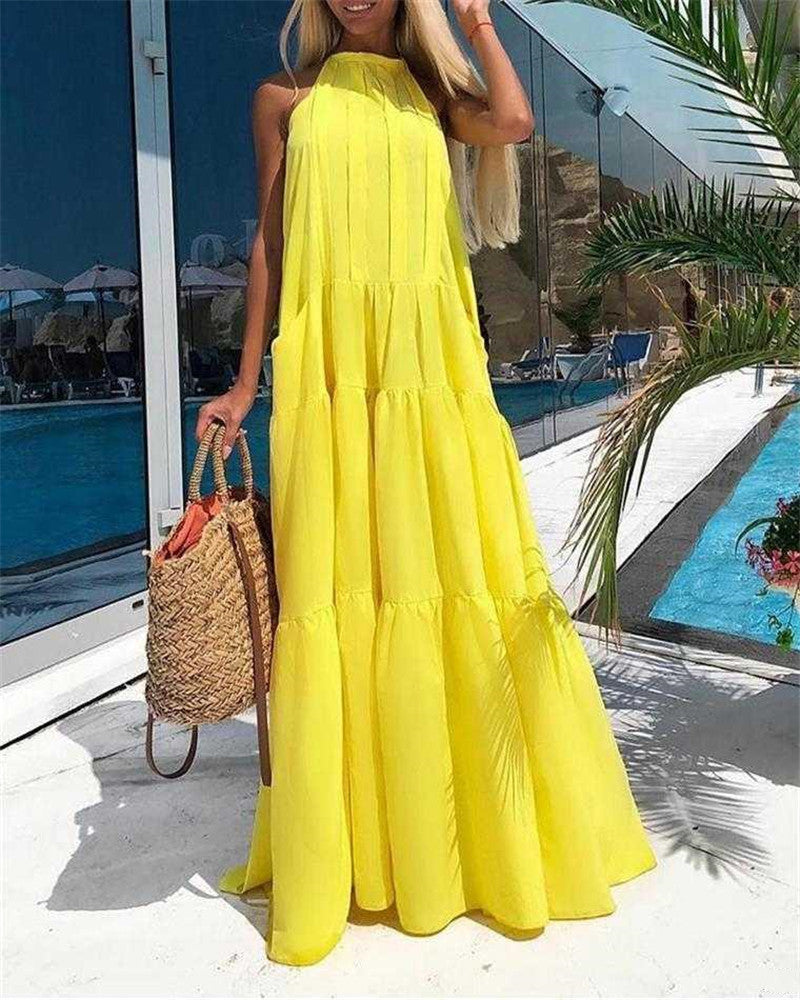 Solid Yellow Sleeveless Tiered Maxi Dress
