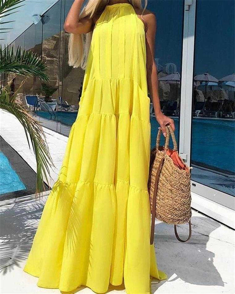 Solid Yellow Sleeveless Tiered Maxi Dress