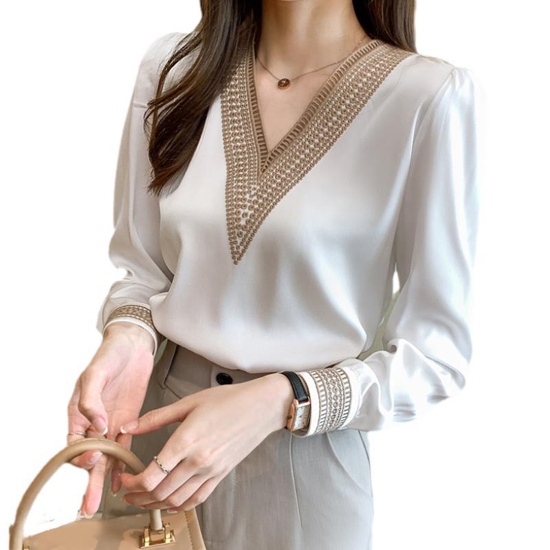 Lace V-neck White Women's Long-sleeved Shirt