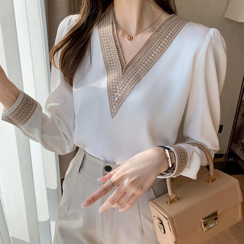 Lace V-neck White Women's Long-sleeved Shirt