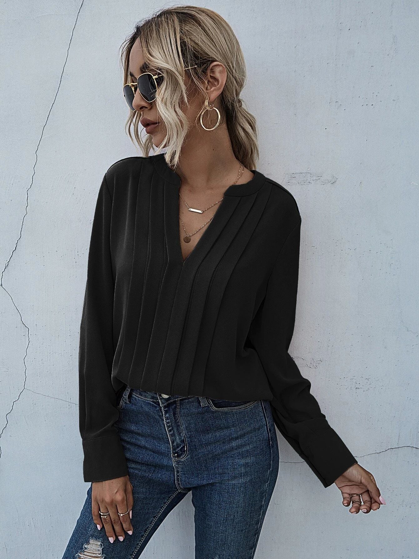 Long Sleeve Pleated Chiffon Temperament Commuter Solid Color Pullover Shirt