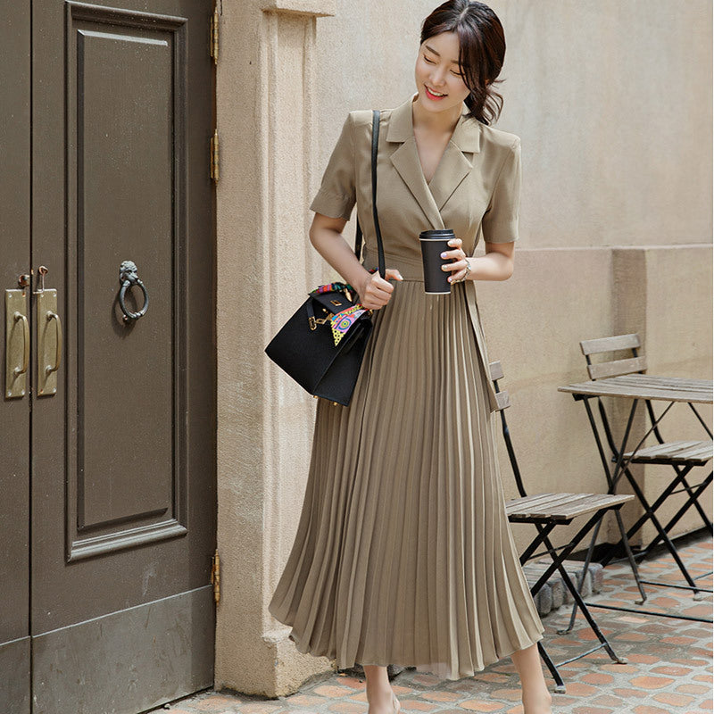 Temperament Suit Collar Waist Pleated Large Skirt Professional Dress Female