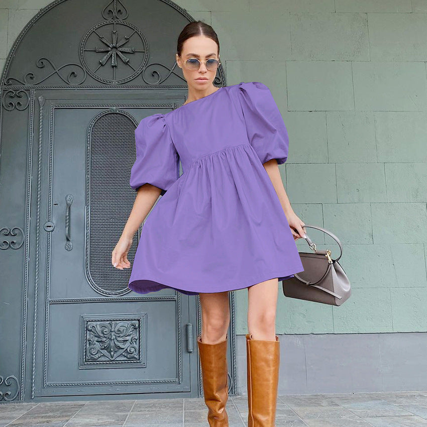 Spring And Summer New Arrivals European And American Commuter Temperament Puff Sleeve Round Neck Five-Point Sleeve Cotton Loose Dress Women's Clothing