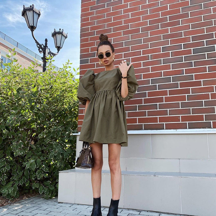 Spring And Summer New Arrivals European And American Commuter Temperament Puff Sleeve Round Neck Five-Point Sleeve Cotton Loose Dress Women's Clothing