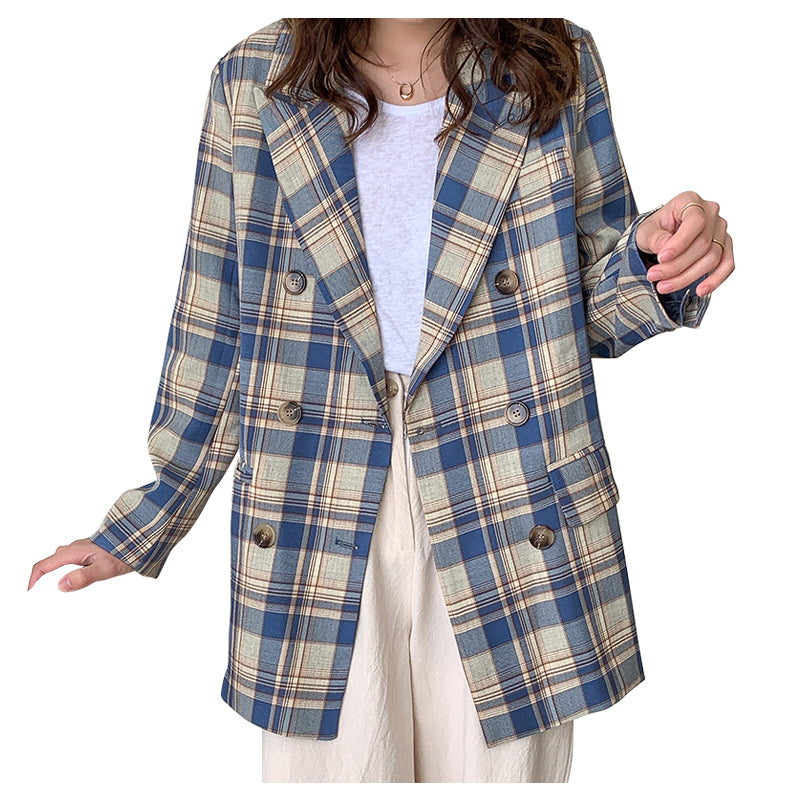 High-End Temperament Net Red Suit 2020 Autumn Fashion Fried Street Small Suit Loose Blue Plaid Jacket