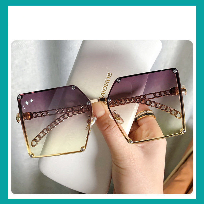 Frameless Big Square Sunglasses Women Fashion Street Shooting G New Sunglasses Personality Metal Chain Trendy Glasses