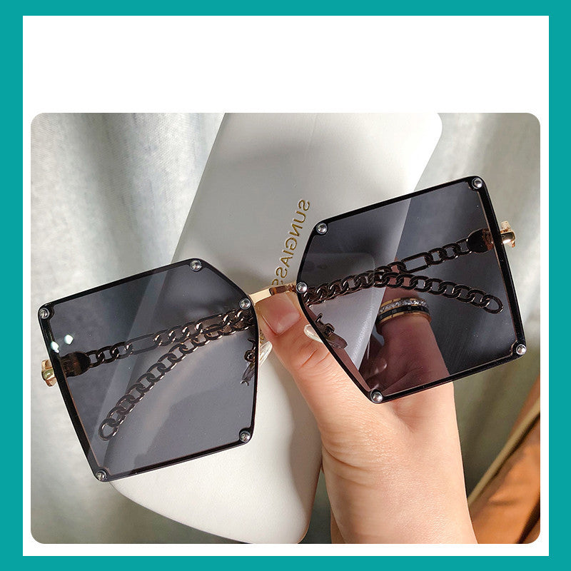Frameless Big Square Sunglasses Women Fashion Street Shooting G New Sunglasses Personality Metal Chain Trendy Glasses