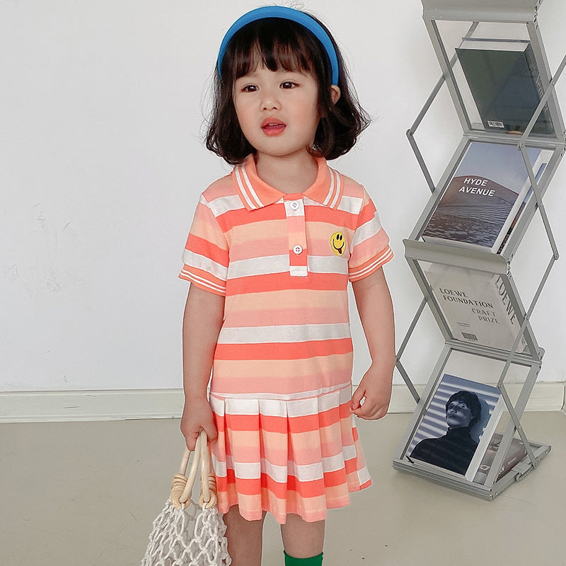 Pleated Dress Smiley Face Embroidered Children's Striped Skirt Baby Skirt