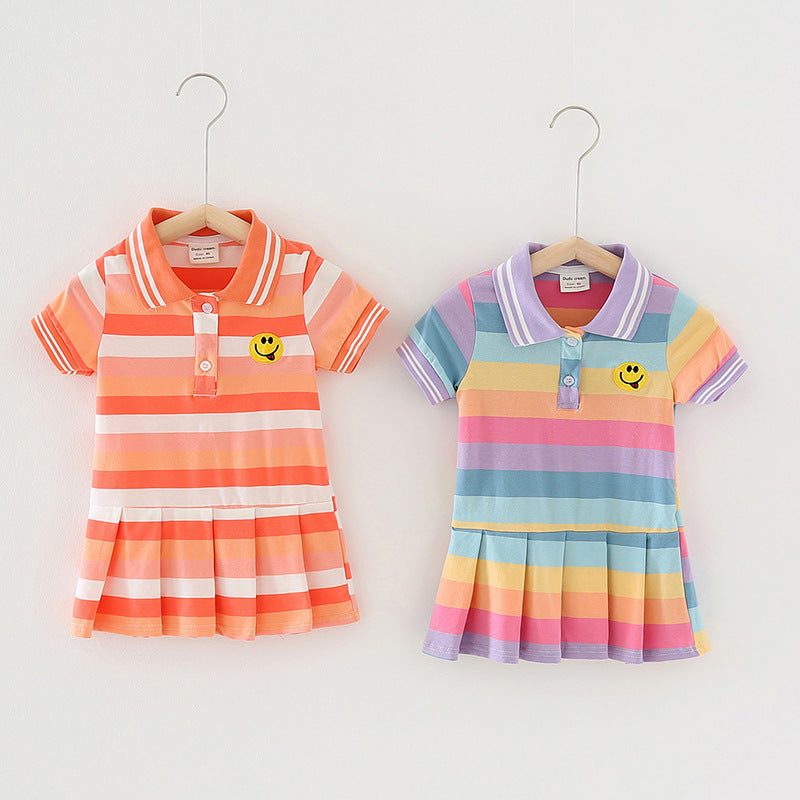Pleated Dress Smiley Face Embroidered Children's Striped Skirt Baby Skirt