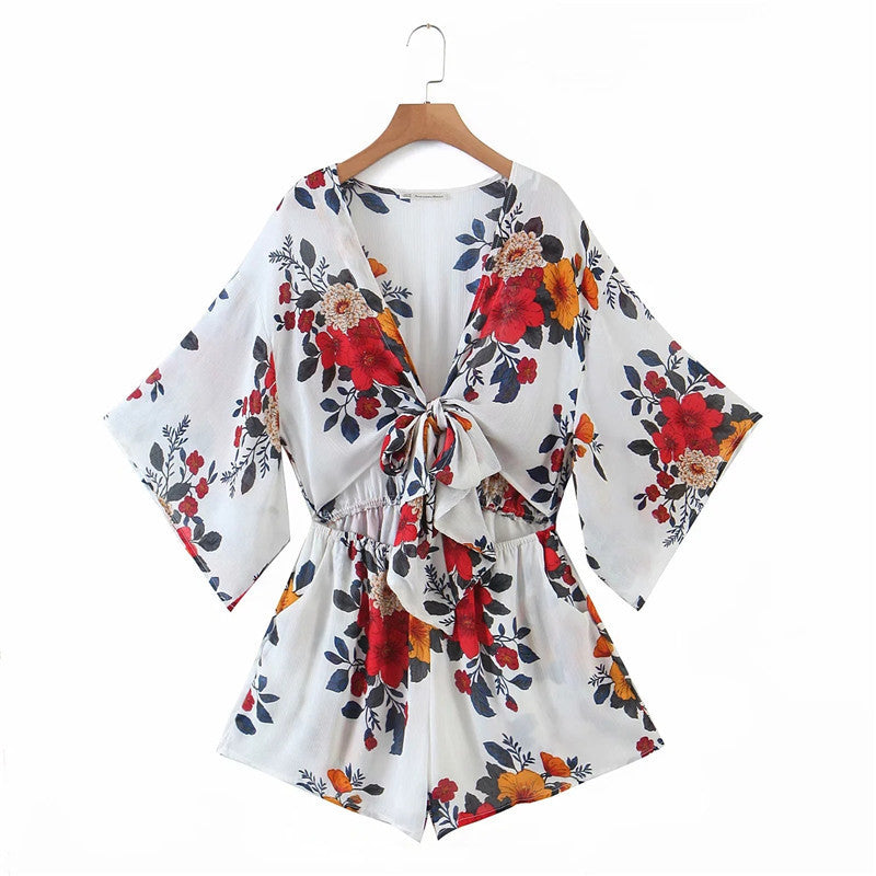 Fashionable Loose V-neck Puff Sleeve Temperament Printed Jumpsuit