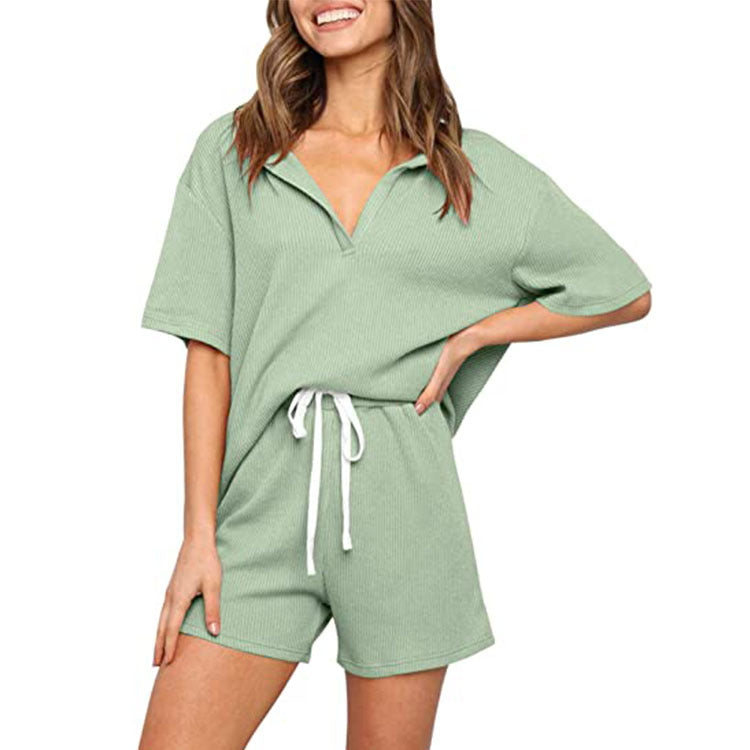 Ladies' outer home pure color short-sleeved casual two-piece suit