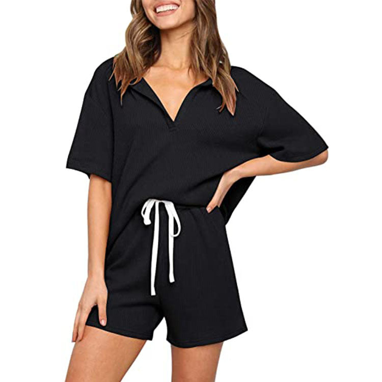 Ladies' outer home pure color short-sleeved casual two-piece suit