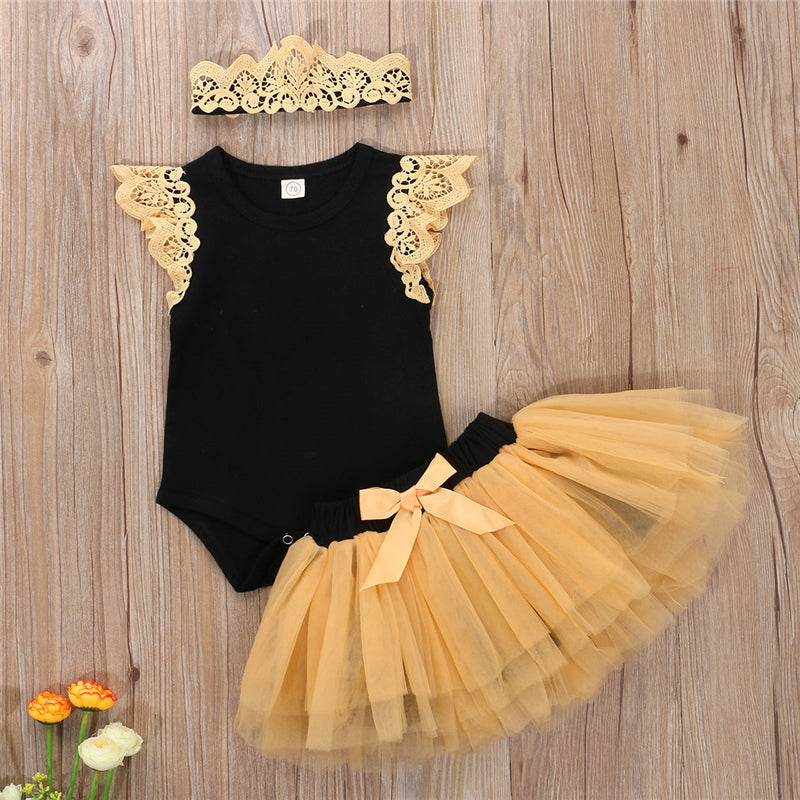 Summer Cute Baby Girl Pure Cotton Casual Clothing Suit Bow Ruffled Bodysuit Tutu Headband Baby Clothing