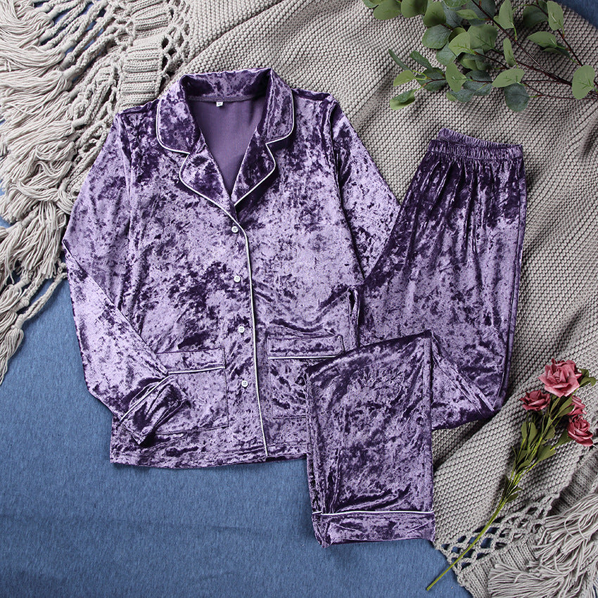 Purple Gold Velvet Women's Pajamas Set Long Sleeved Lapel Home Service Two Piece Suit