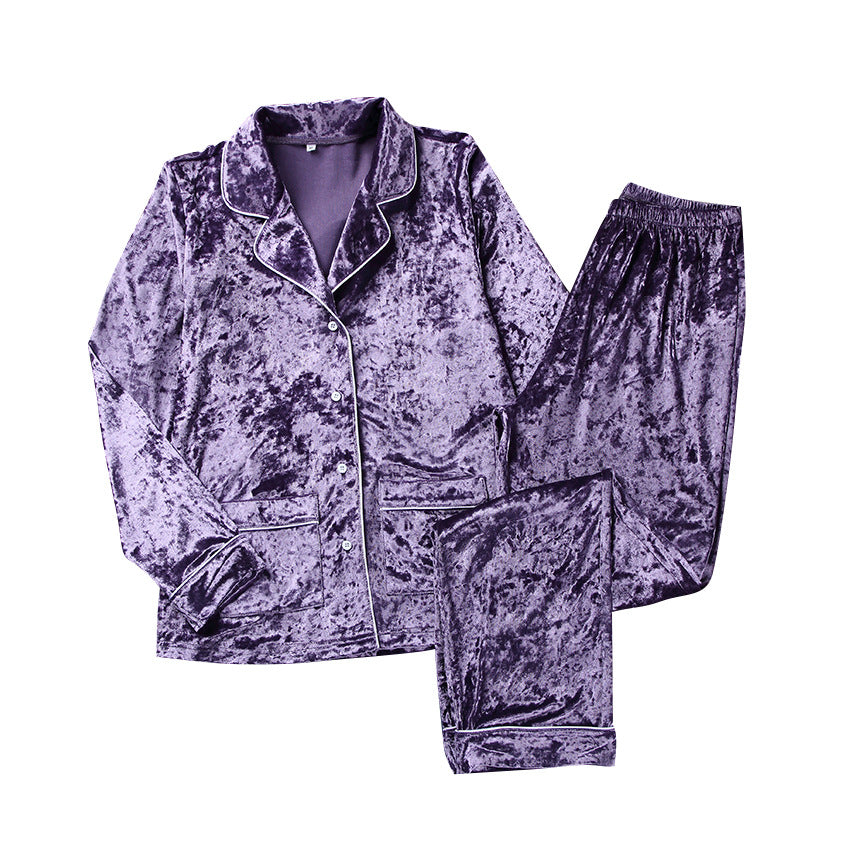 Purple Gold Velvet Women's Pajamas Set Long Sleeved Lapel Home Service Two Piece Suit