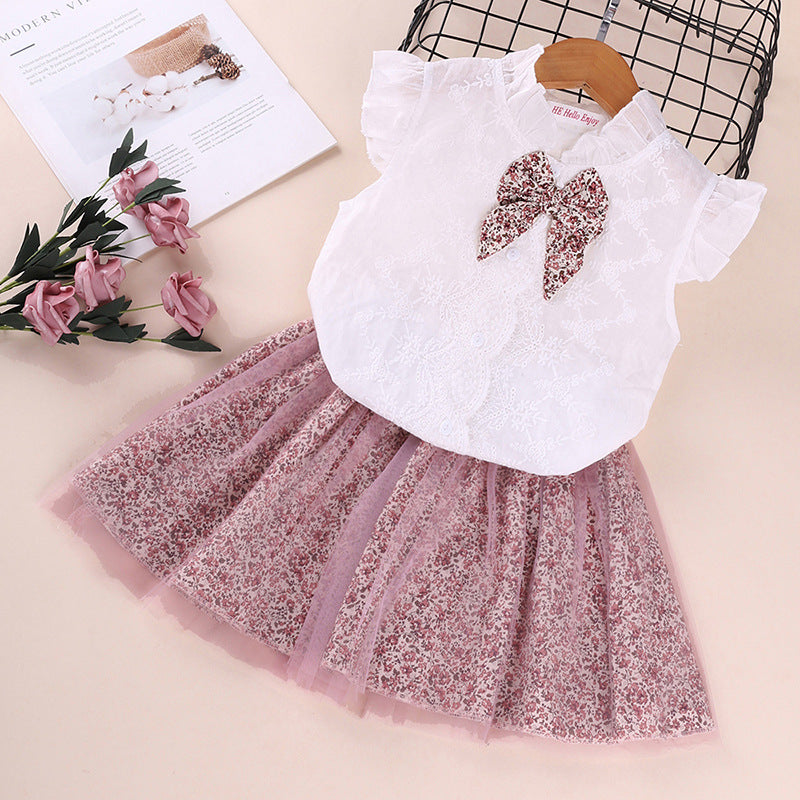 Spring And Summer New Girls Sleeveless Bowknot Shirt Floral Mesh Skirt Suit