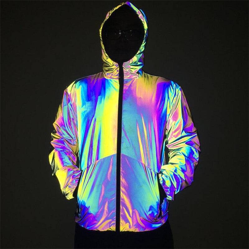 Men Reflective Hooded Jacket Casual Night Colorful Windbreaker Man Hip-hop Coats