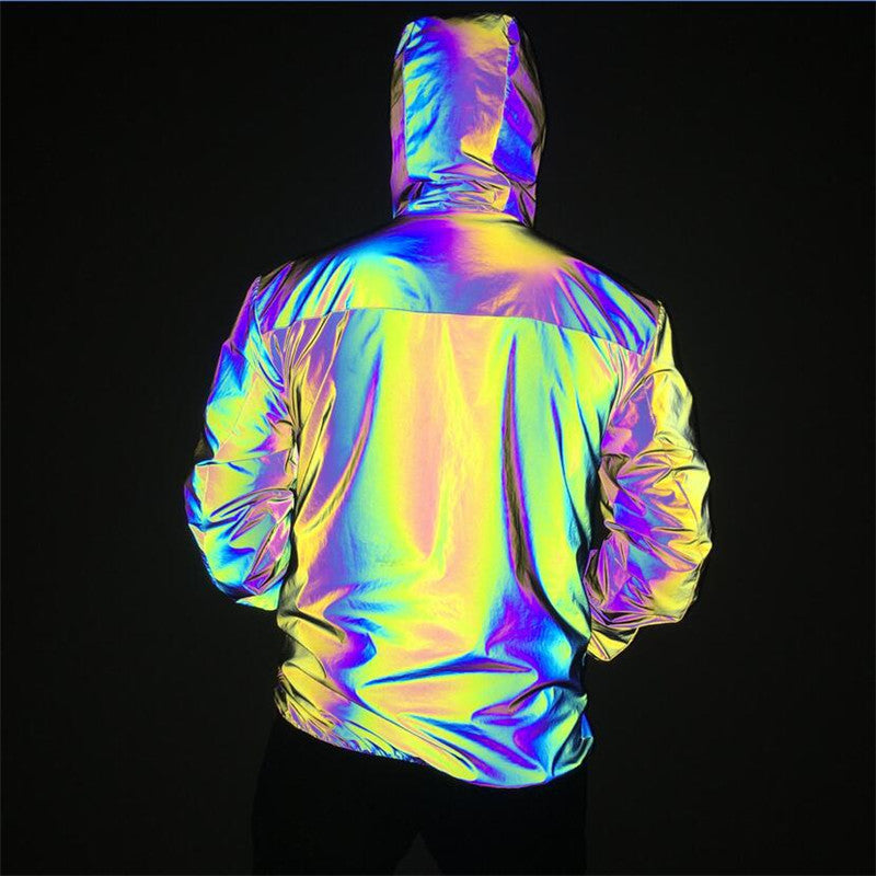 Men Reflective Hooded Jacket Casual Night Colorful Windbreaker Man Hip-hop Coats