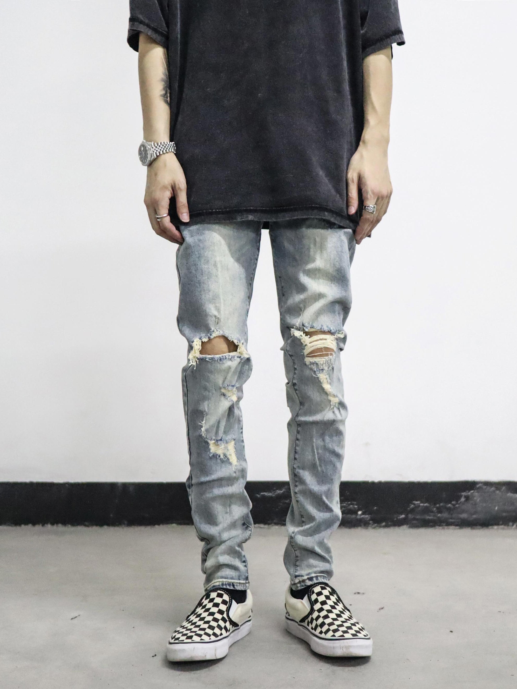 European And American High Street FOG Knee Holes Washed And Worn Light Blue Casual Street Skateboarding Slim Jeans Trendy Men