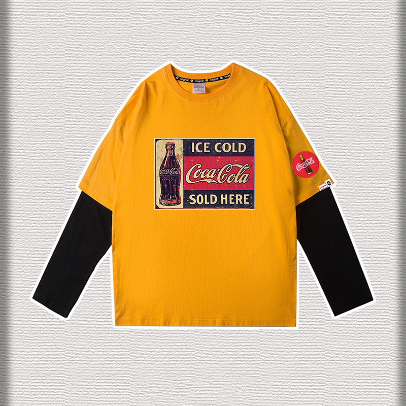 Tide Brand Fried Street Joint Sweater T-Shirt Long-Sleeved Fake Two Pieces Of Loose Kith Plus Velvet Casual Cocacola