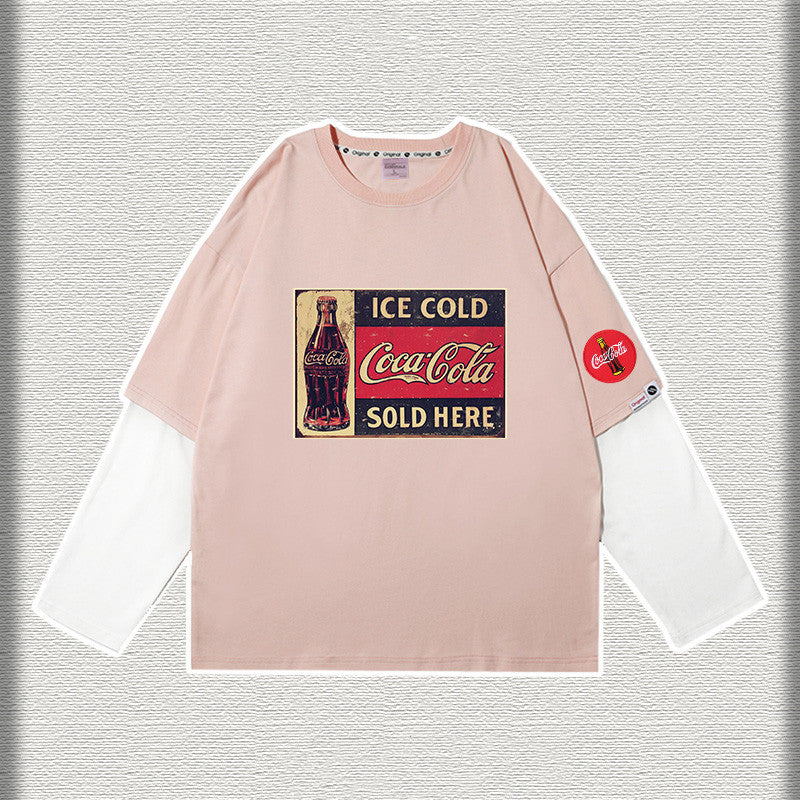 Tide Brand Fried Street Joint Sweater T-Shirt Long-Sleeved Fake Two Pieces Of Loose Kith Plus Velvet Casual Cocacola