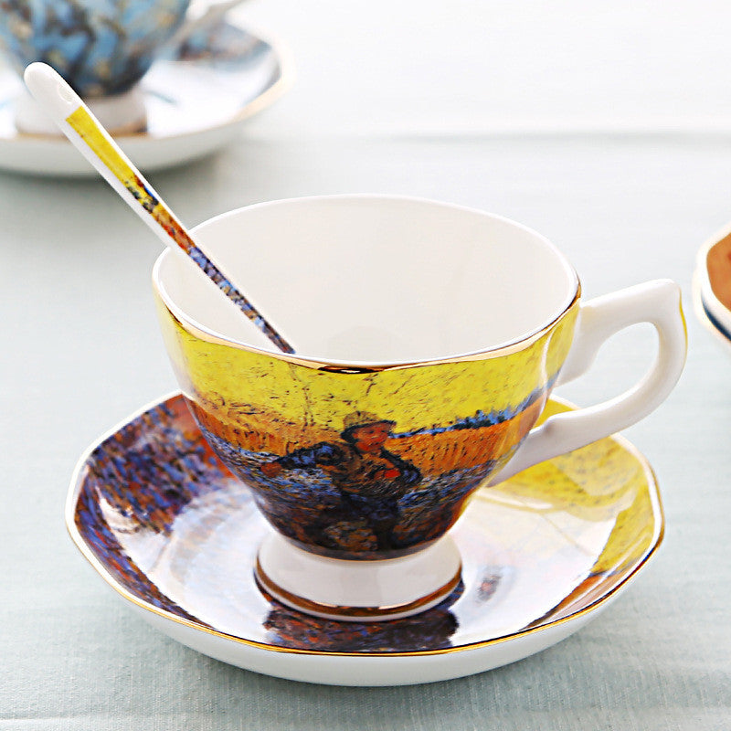 Van Gogh Oil Painting Bone China Coffee Cup British Light Luxury Saucer Spoon