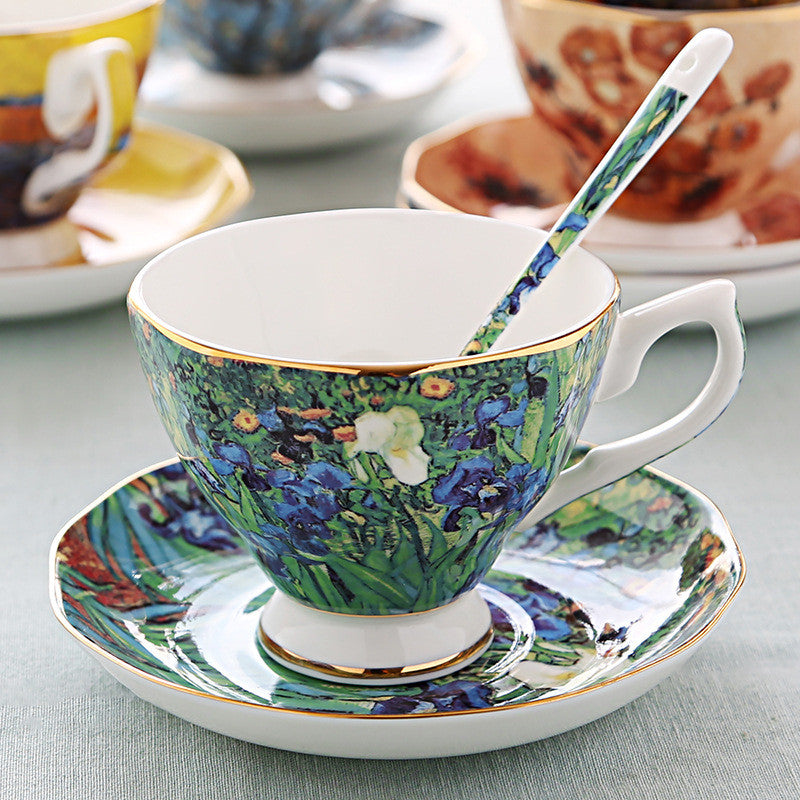 Van Gogh Oil Painting Bone China Coffee Cup British Light Luxury Saucer Spoon