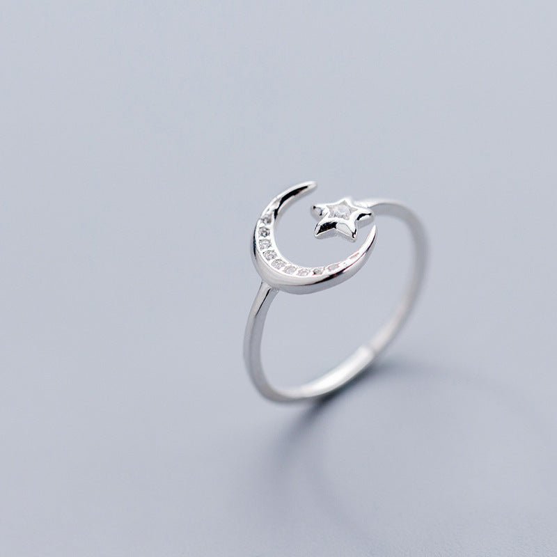 Stars And Moon Ring Female Korean Version Of Small Fresh Diamonds Crescent Bay Open Ring Jewelry
