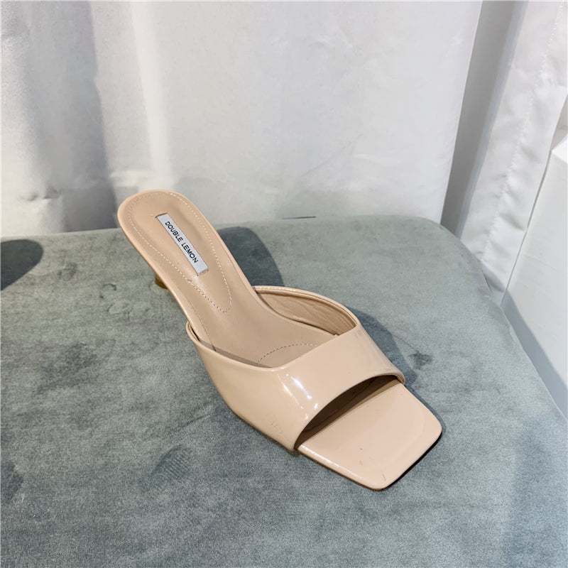 Stiletto Slippers Women's Outer Wear Soft Leather Square Toe Sandals