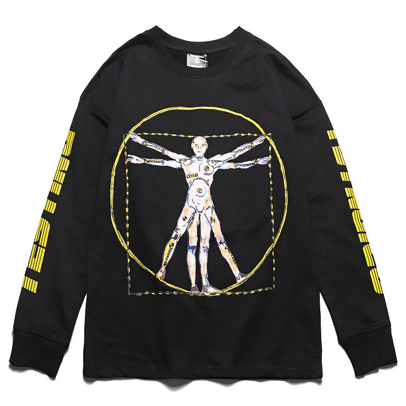 Pure Cotton Youth Trend Limited Robot Printing Round Neck Women's Loose Long-sleeved T-shirt Men