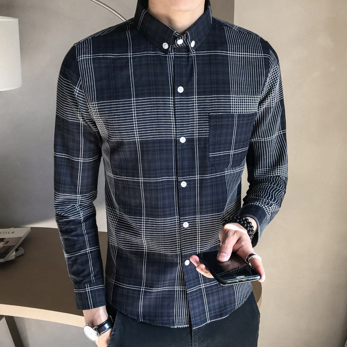 Men's Long-Sleeved Youth Cotton Plaid Shirt