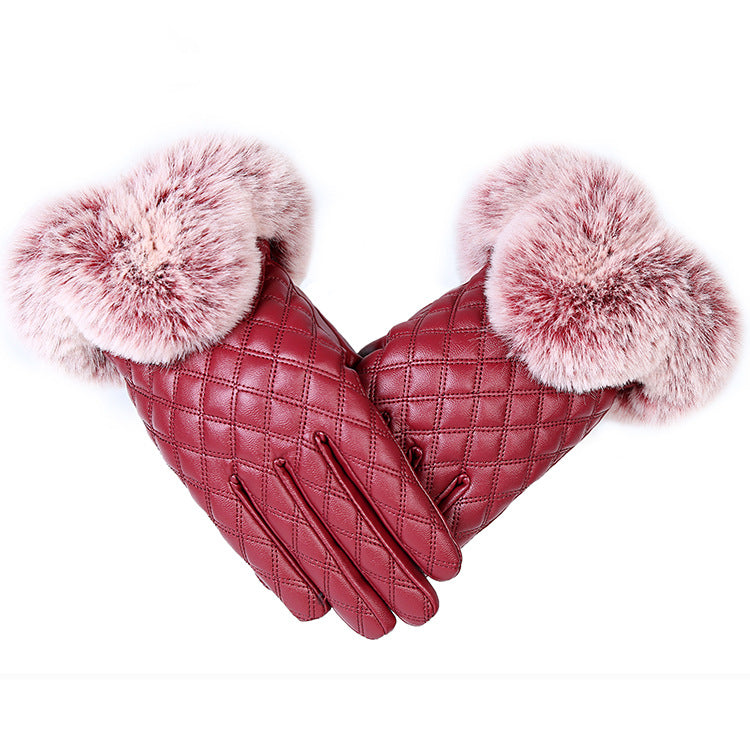 Winter Warm Plus Velvet Windproof And Rainproof Cycling Driving Big Hairy Plaid Korean Cute Touch Screen Gloves