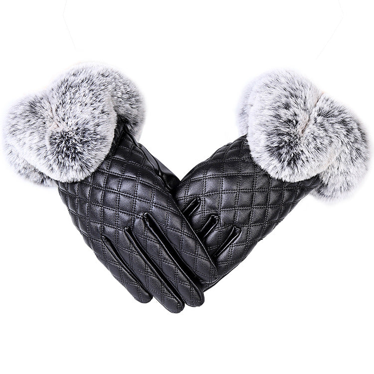 Winter Warm Plus Velvet Windproof And Rainproof Cycling Driving Big Hairy Plaid Korean Cute Touch Screen Gloves
