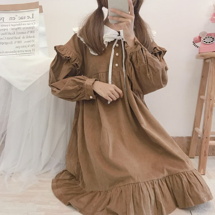 Japanese Soft Girl Cute Navy Collar Puff Sleeve Lace Detachable Loose Corduroy Dress