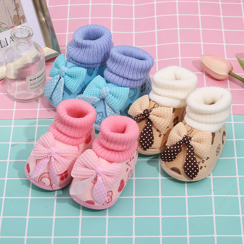 Baby Toddler Shoes In Autumn And Winter Plus Velvet Thickening Luokou Bow Baby Cotton Shoes Cover Foot Short Boots Non-Slip Sole Shoes