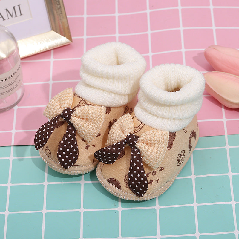 Baby Toddler Shoes In Autumn And Winter Plus Velvet Thickening Luokou Bow Baby Cotton Shoes Cover Foot Short Boots Non-Slip Sole Shoes