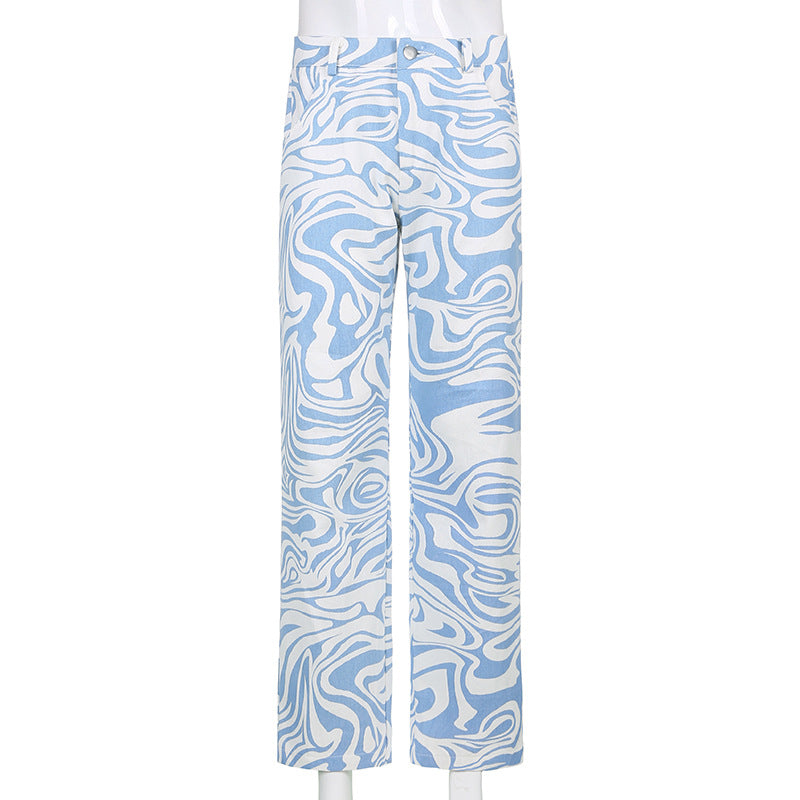 Cross Border New Female Blue Animal Pattern Loose Street Casual Straight Woven Pants