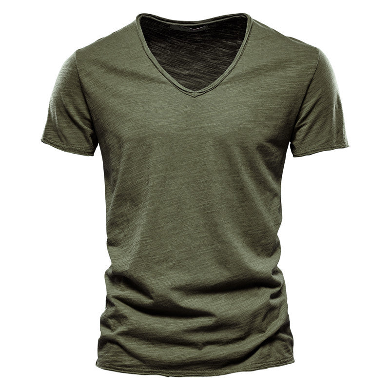 Men'S New Solid Color Slubby Cotton Short Sleeve T-Shirt