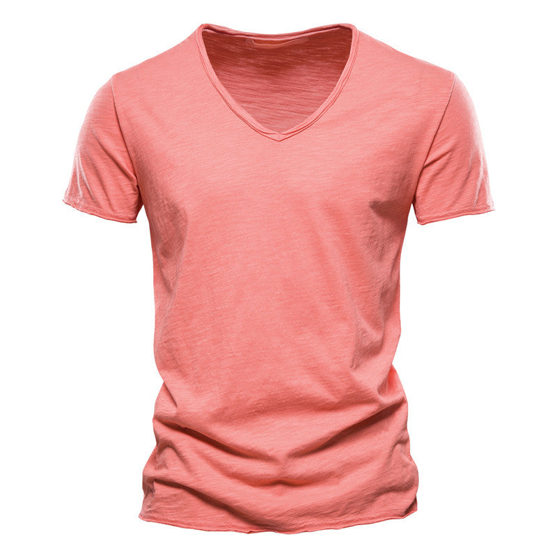 Men'S New Solid Color Slubby Cotton Short Sleeve T-Shirt
