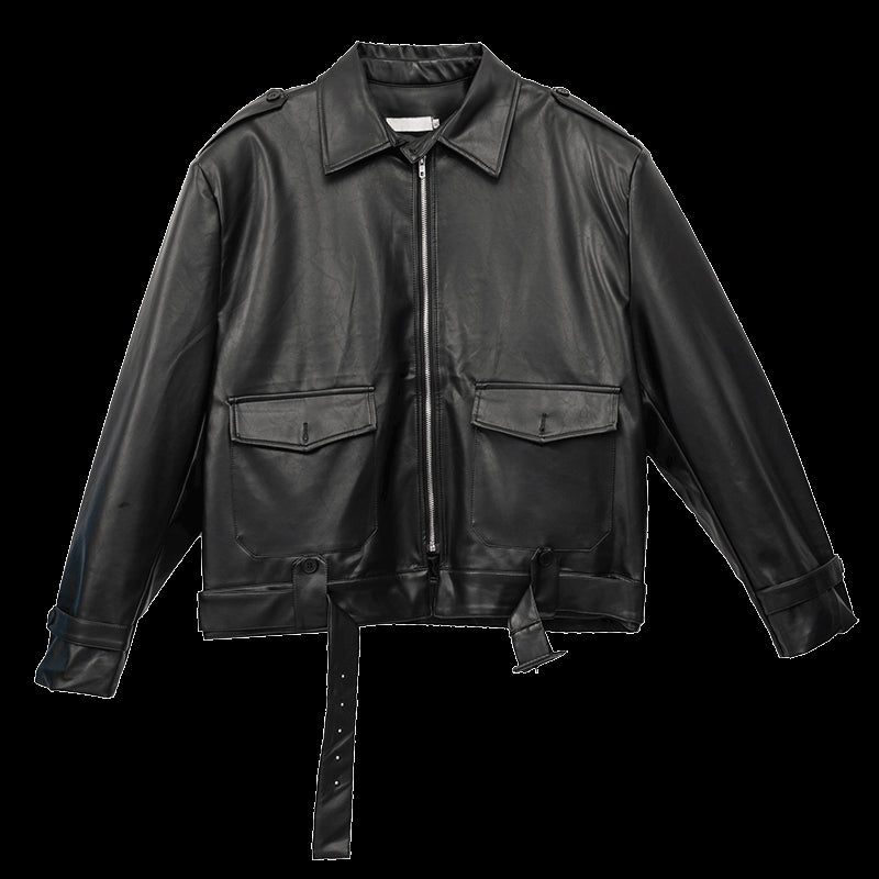 A Super soft Pu Leather Jcket  Spring Shoulders Loose Loose Short Leather Motorcycle Men's Jacket