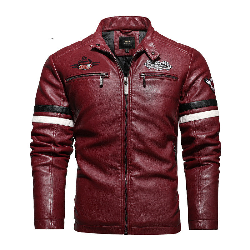 Leather Embroidered Colorblock Biker Jacket