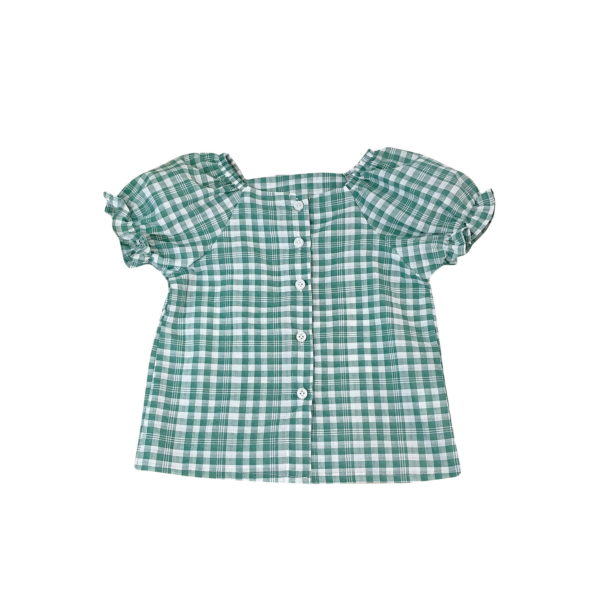 Check Puff Sleeve One-line Collar Cardigan Girl's Shirt