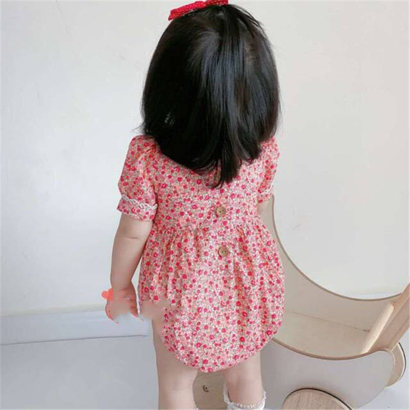Girls' Pastoral Style Small Floral Short-sleeved One-Piece Romper